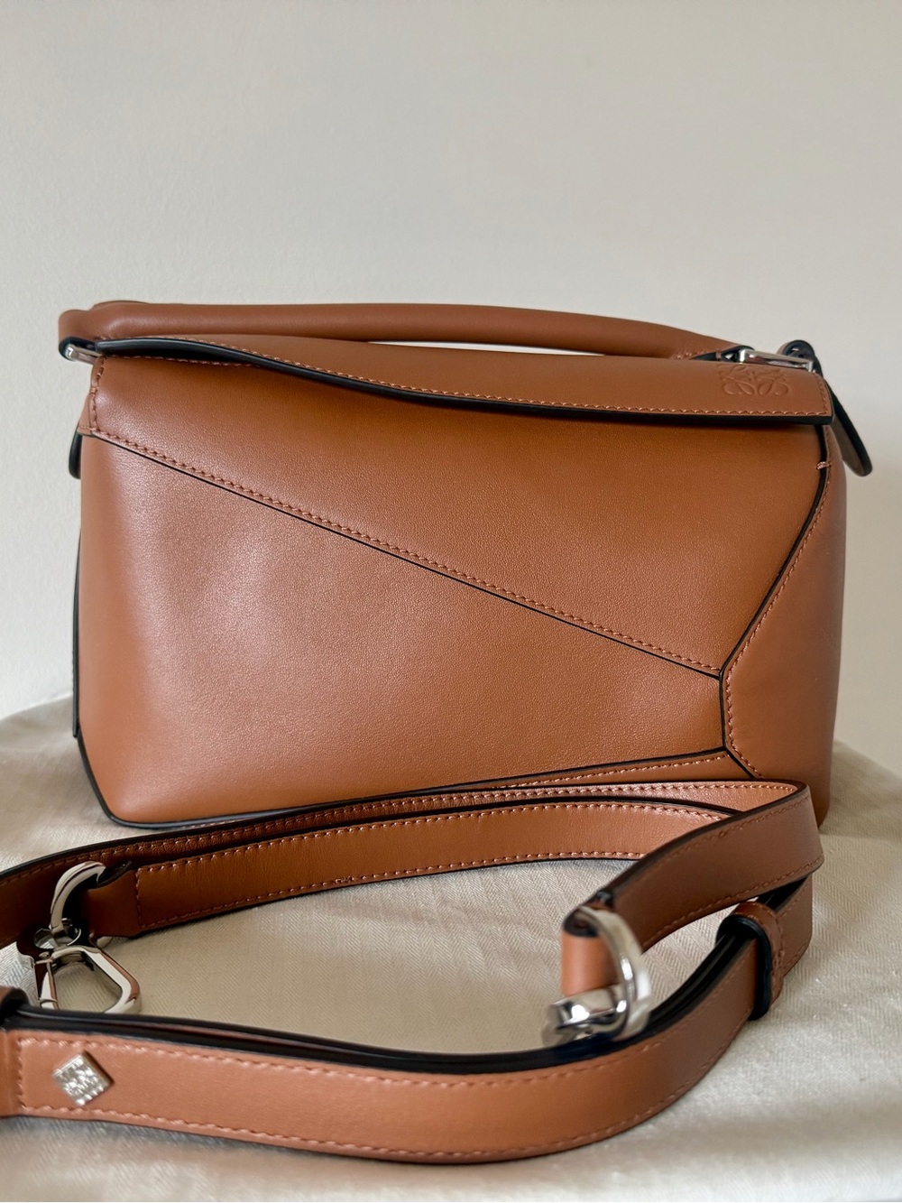 Cognac Puzzle Shoulder Bag with Adjustable Strap